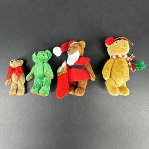 Vintage Miniature Teddy Bear Lot Christmas Themed Santa, Green Bow Ear Muffs